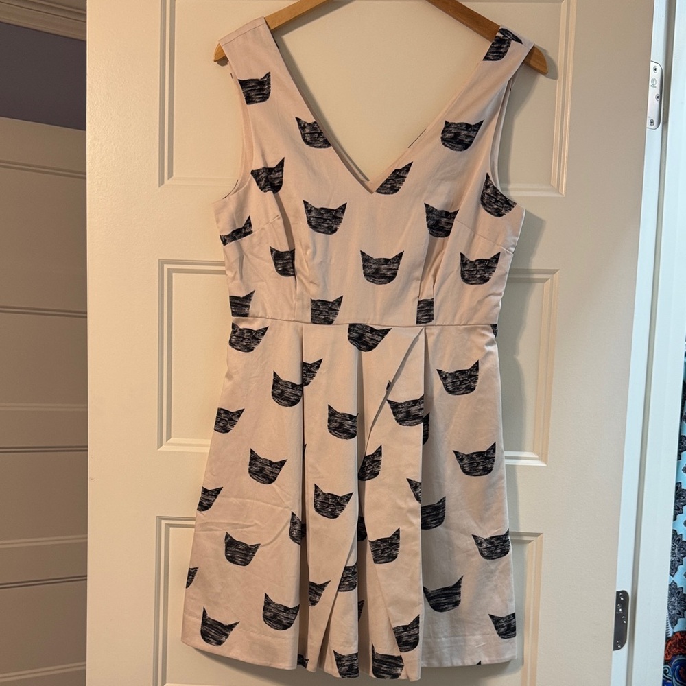 NWT Anthropologie Cream Dress with Black Cat Print, size 6